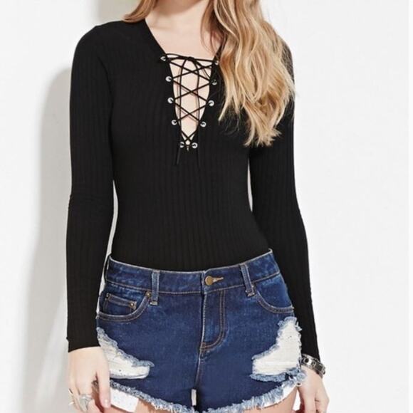 Forever XXI Lace Up Black Ribbed Bodysuit Small Witchy Goth Sexy Indie Sleaze - Picture 1 of 6